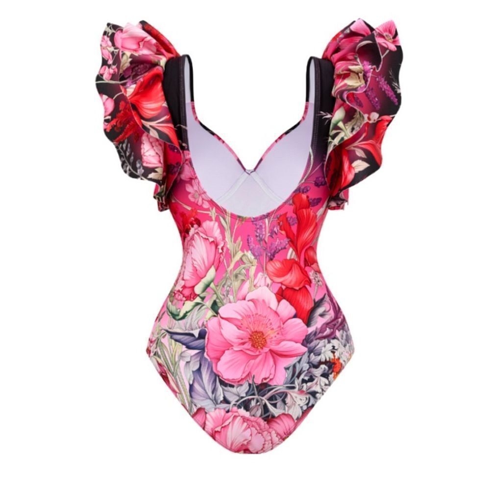 Floral Ruffle One-Piece Swimsuit - Pink Floral - Picture 6 of 12